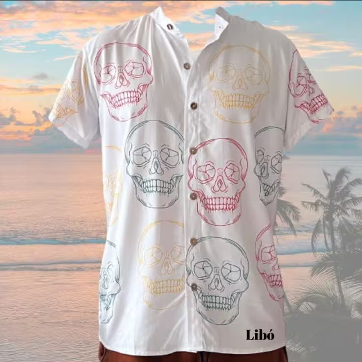LIBÓ - Camisa Calaveras Unisex Hecha en Colombia, de Chalis Algodón Suave, Diseño Único Manga Corta