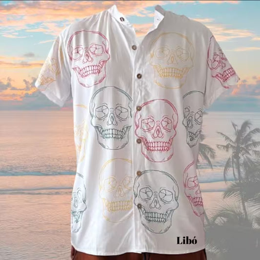 LIBÓ - Camisa Calaveras Unisex Hecha en Colombia, de Chalis Algodón Suave, Diseño Único Manga Corta