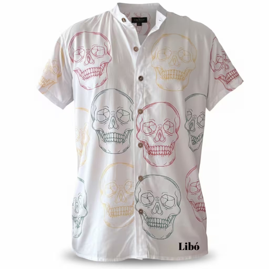 LIBÓ - Camisa Calaveras Unisex Hecha en Colombia, de Chalis Algodón Suave, Diseño Único Manga Corta